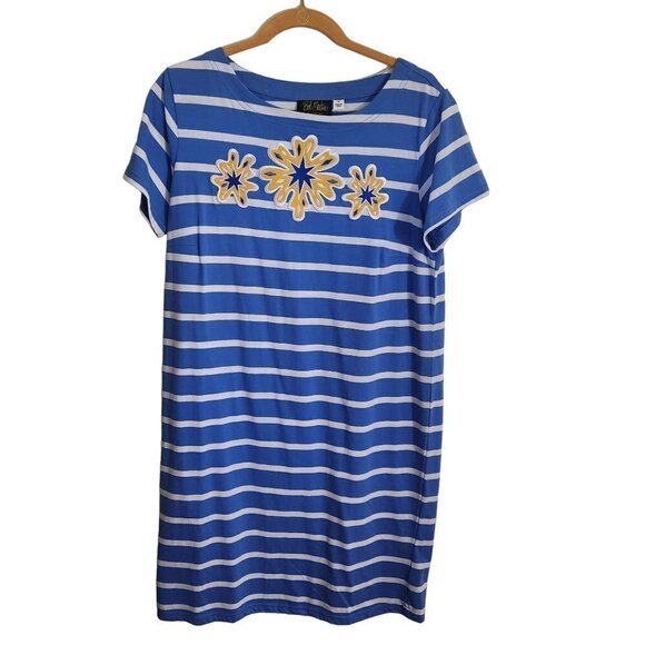 Bob Mackie Art To Wear Blue White Striped Floral Splash Shift Dress Size M - Picture 1 of 5